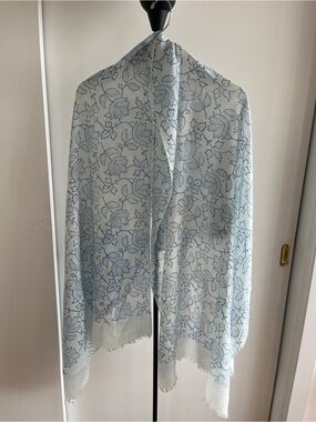 Handwoven Cheshme Bulbul weave Pashmina 100% wool shawl wrap ivory blue floral